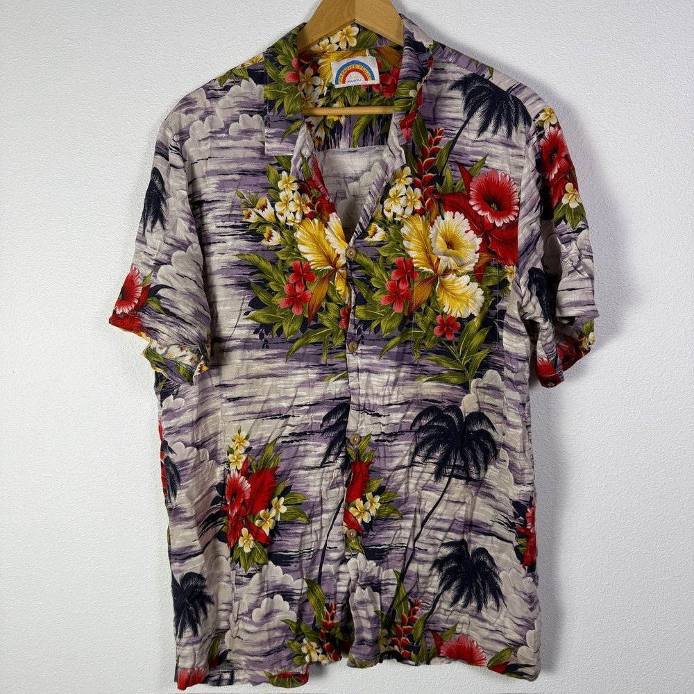 Paradise Found Hawaiian Shirt Mens L Purple Excellent Tropical Floral Palm Tree